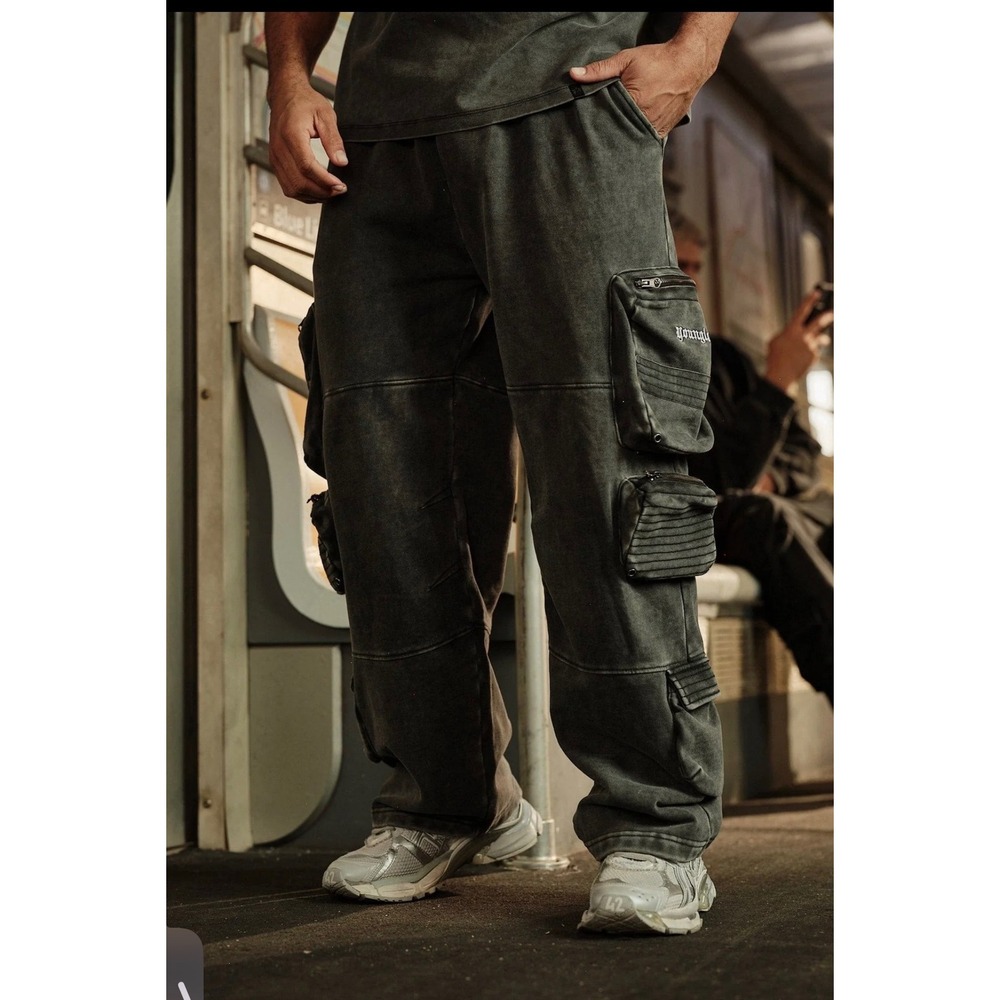 YoungLA Stacked Cargo Sweats Medium Black Acid Wash Multi-Pocket Streetwear Tech